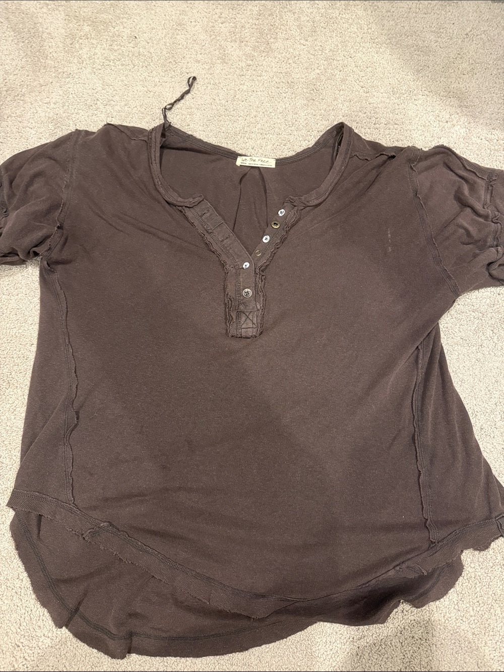 Free People Chocolate Brown Henley Short Sleeve Tee